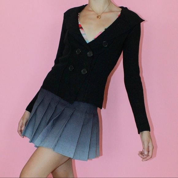 VTG y2k Black Ribbed Knit Double-Breasted Long Sleeve Hoodie Cardigan - Small - Picture 5 of 10